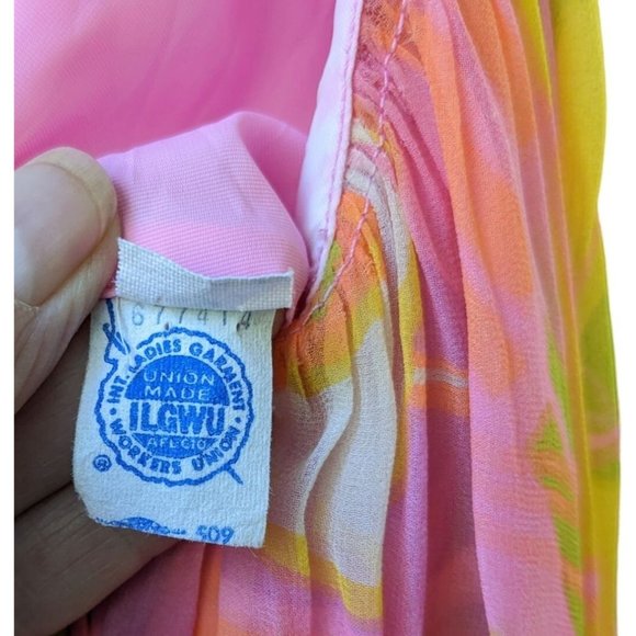 Dress 1960-75 Go Go Union Made Pink Green Psychedelic Bows Flowy - Picture 6 of 15